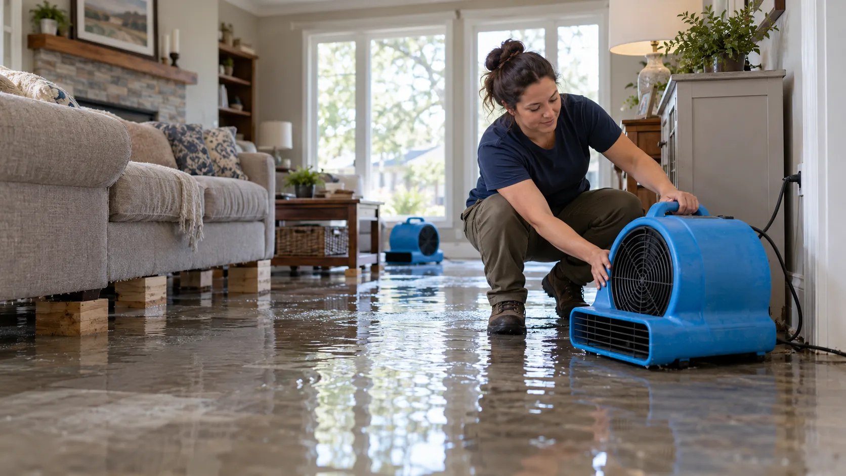 Water damage restoration technician drying a flooded living room in Philadelphia
